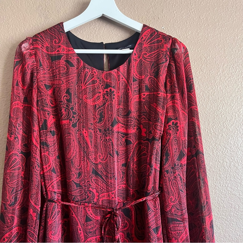Tommy Hilfiger Paisley Chiffon Belted Long Sleeve Dress in Red Shimmer Size 14 - Picture 3 of 9